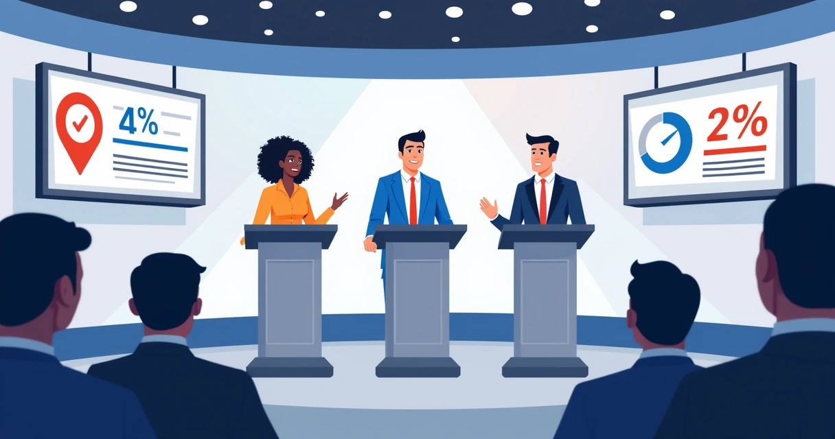 Candidatos a conselho profissional debatendo em frente a telas digitais e gráficos 