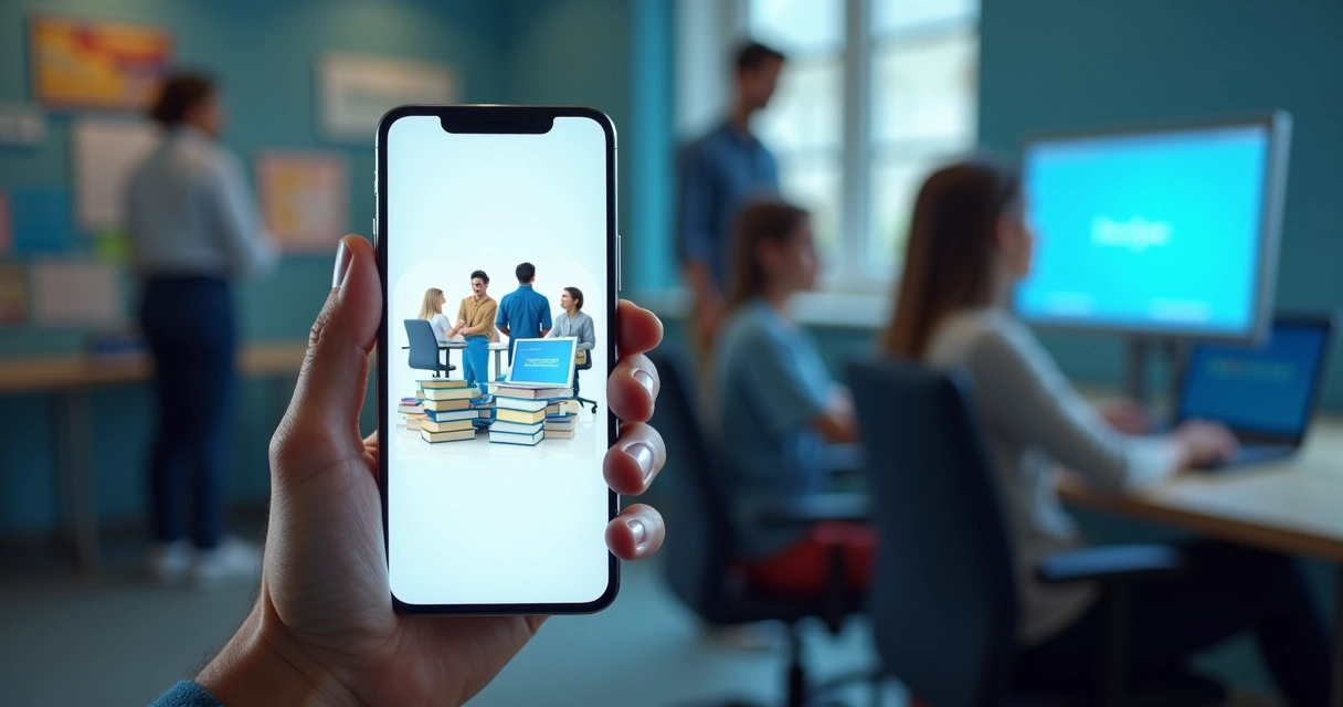 Mão segurando smartphone com tela mostrando anúncio de campanha educacional nas redes sociais 