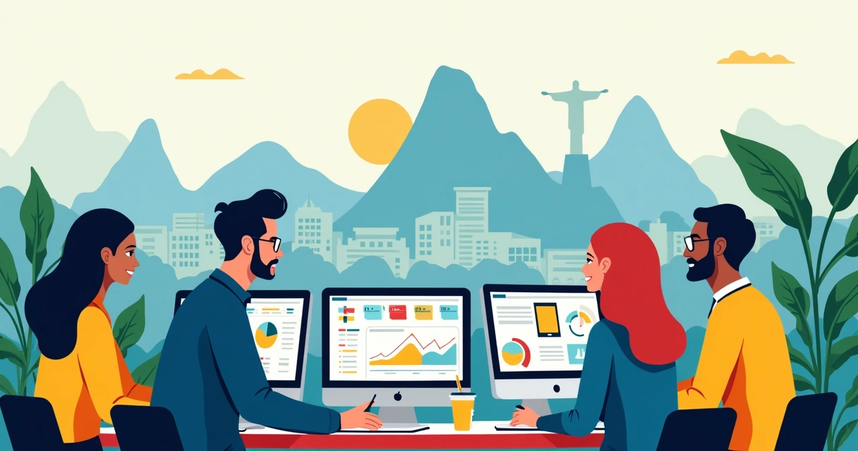 Equipe de comunicação trabalhando em campanha digital com símbolos cariocas ao fundo 