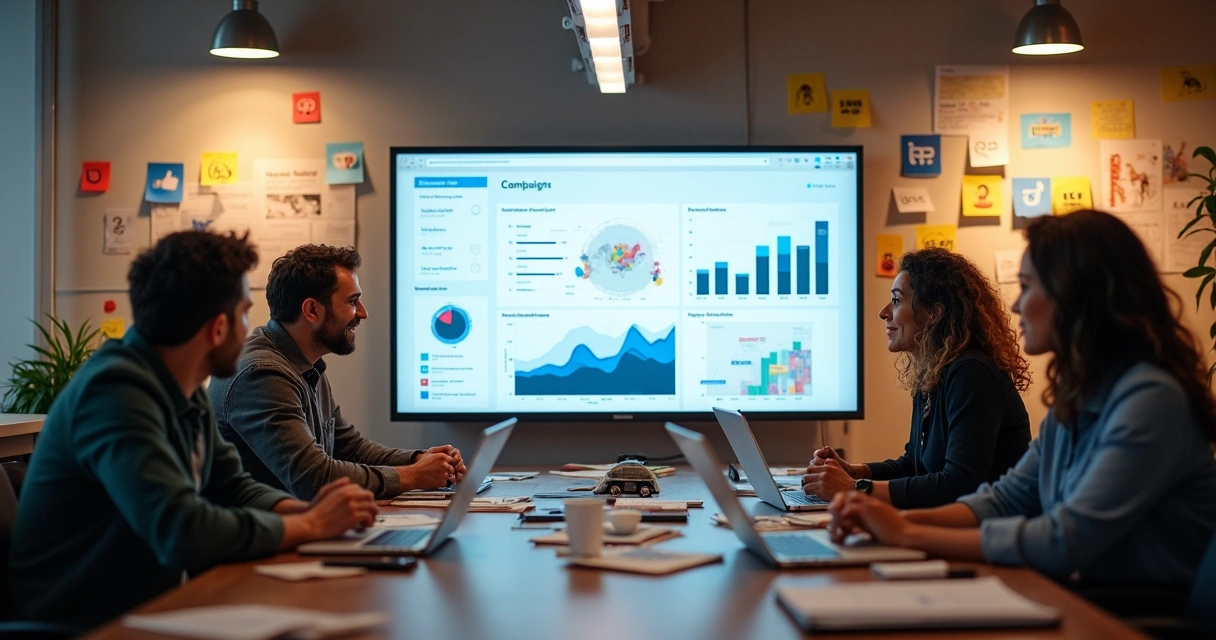 Equipes criativas analisando dados de campanhas digitais