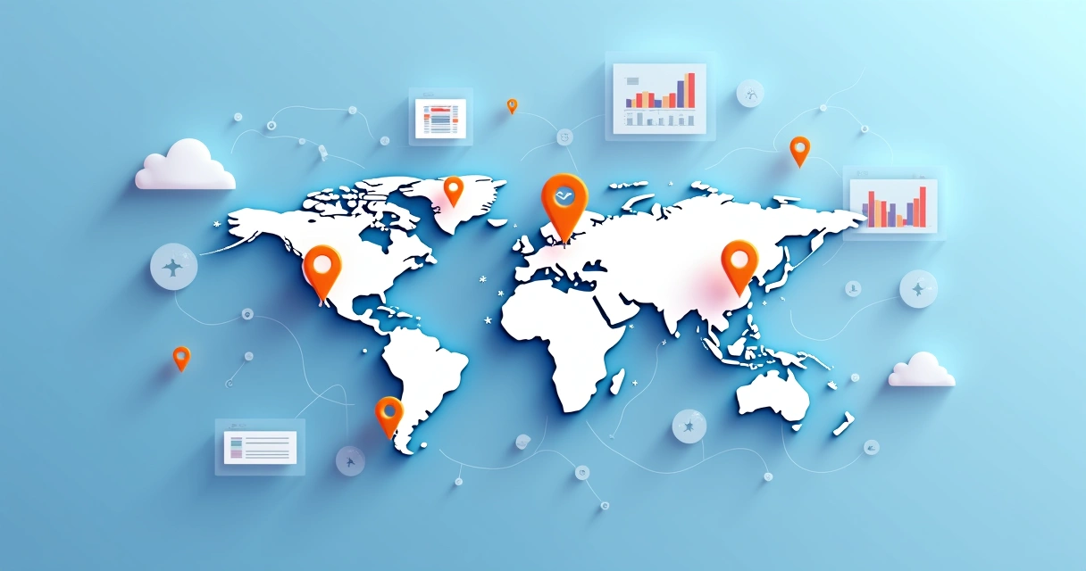 Ilustração corporativa mostrando mapa digital com pontos marcados e gráficos de dados em fundo azul claro 