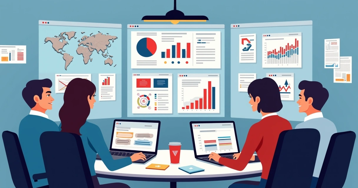 Equipe de campanha política analisando dados digitais de eleitores seniores