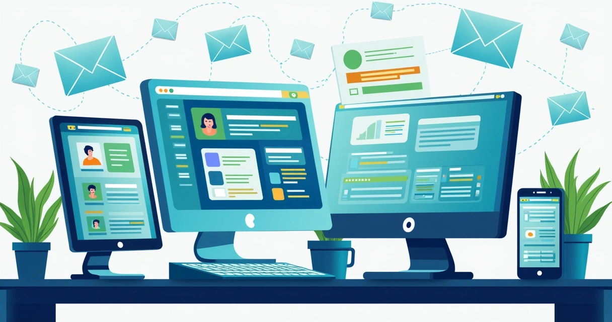 Computadores e smartphones exibindo diferentes canais de campanha digital 