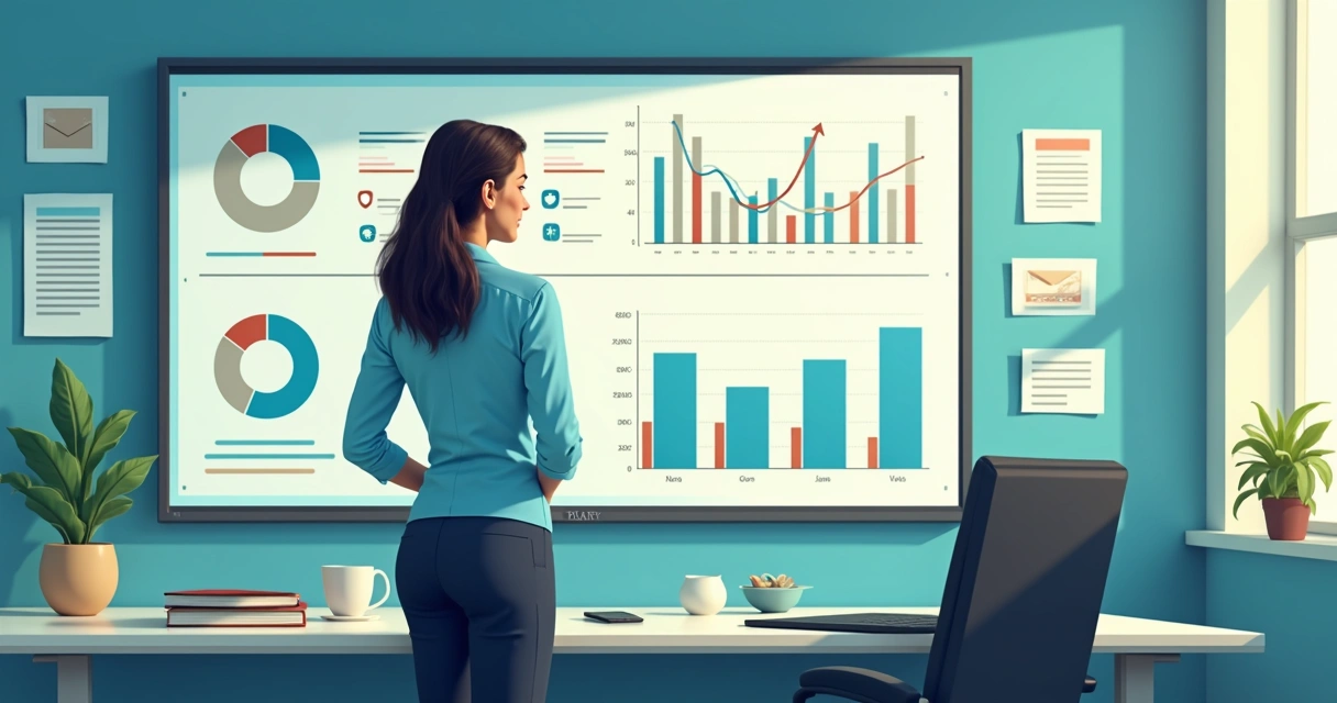 Gestora analisando painel de métricas digitais em ambiente de campanha eleitoral