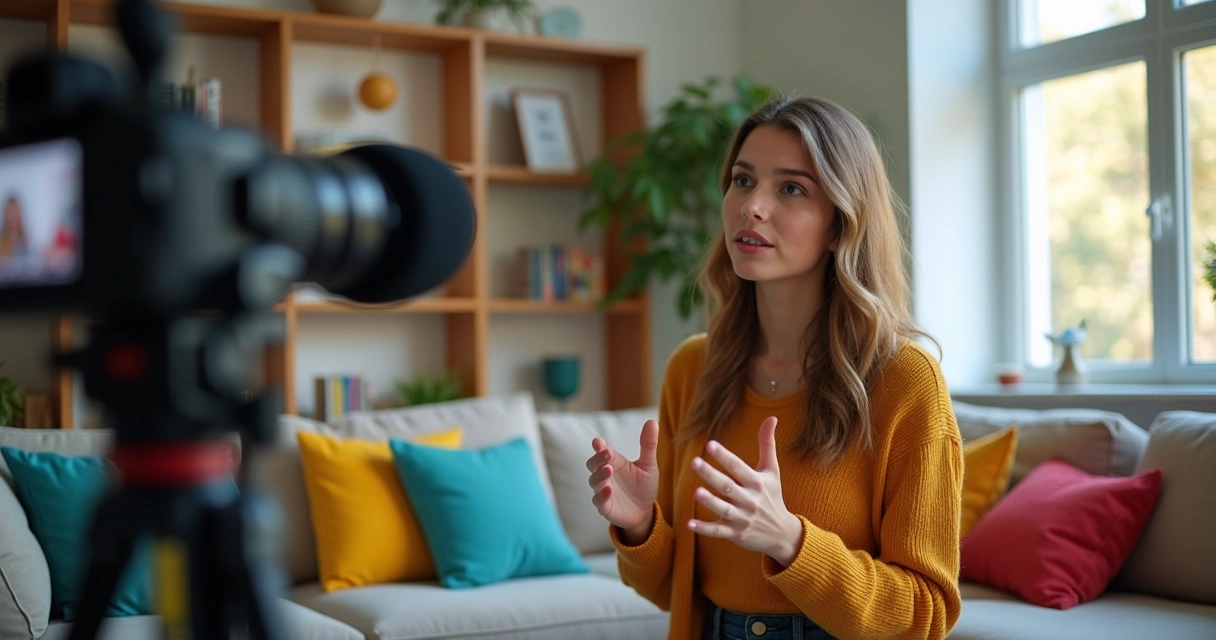 Cena de gravação de vídeo mostrando personagem em casa, iluminação suave 