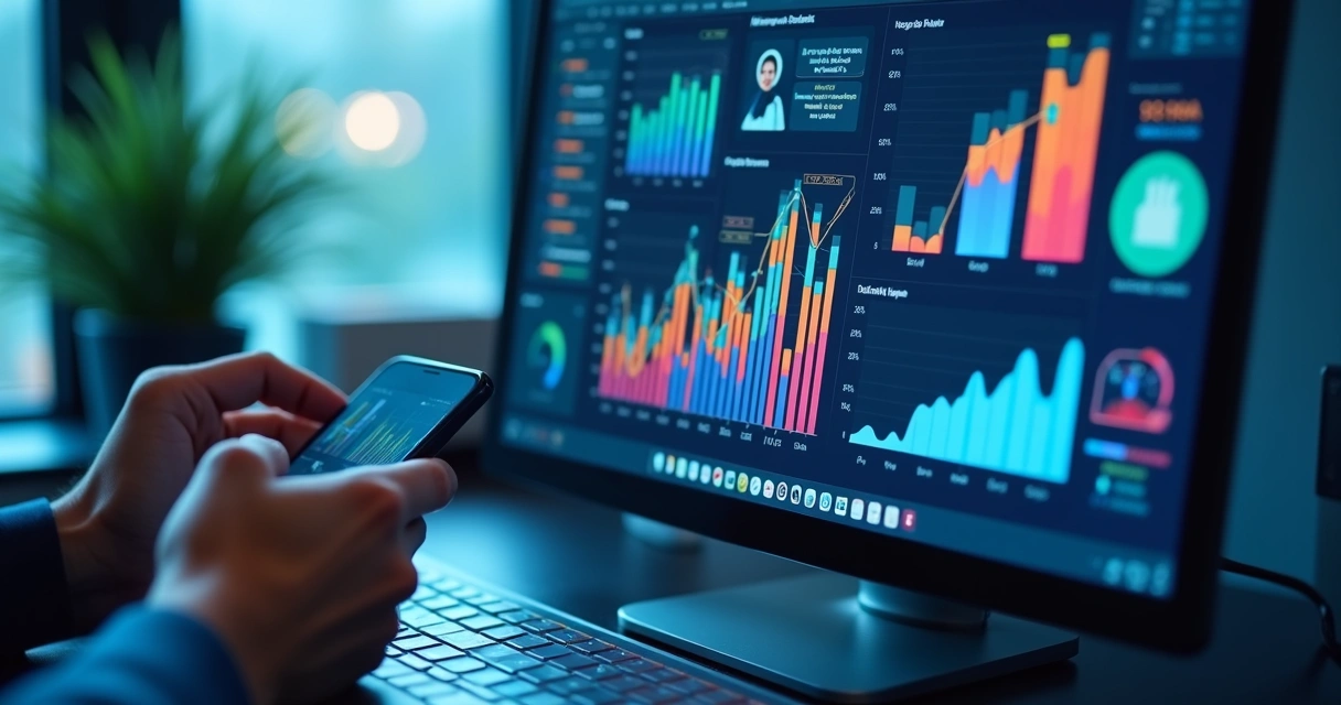 Campanha segmentada com gráficos coloridos e ícones de redes sociais em tela de computador 