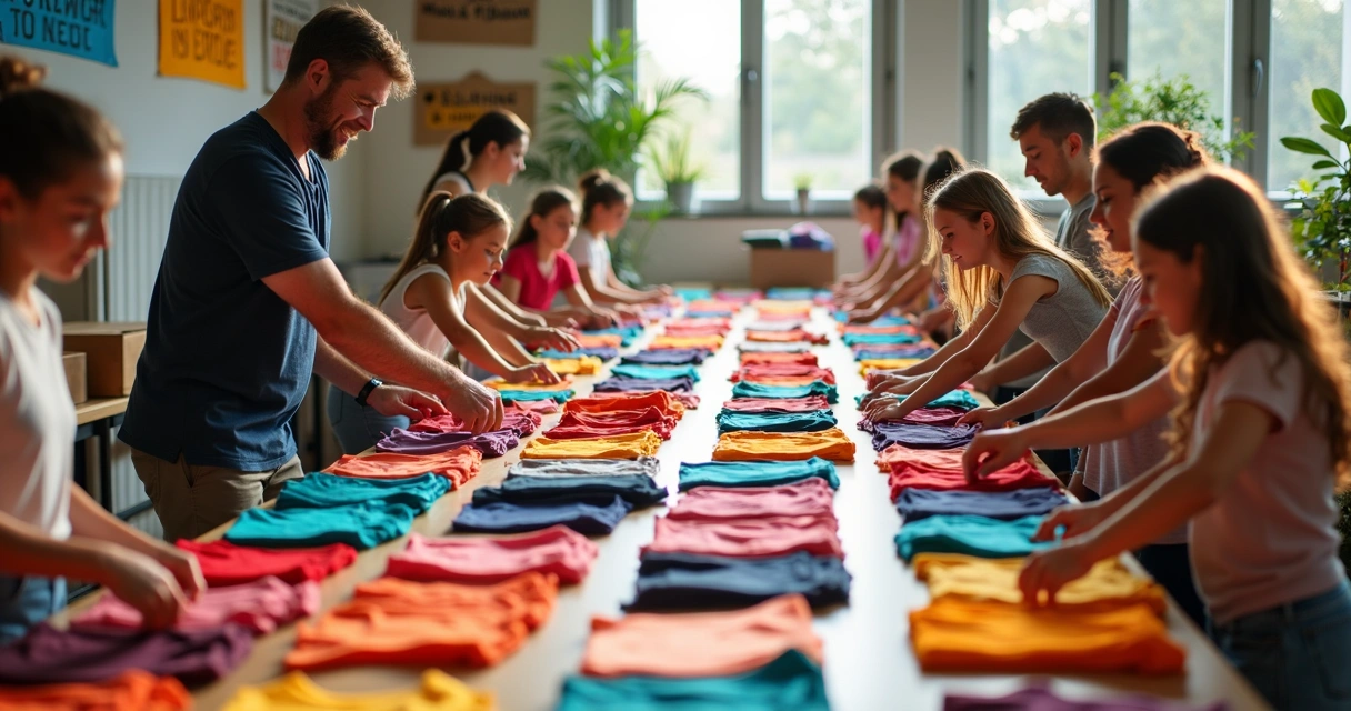 Pessoas organizando pilhas de camisetas para doação em um salão amplo 