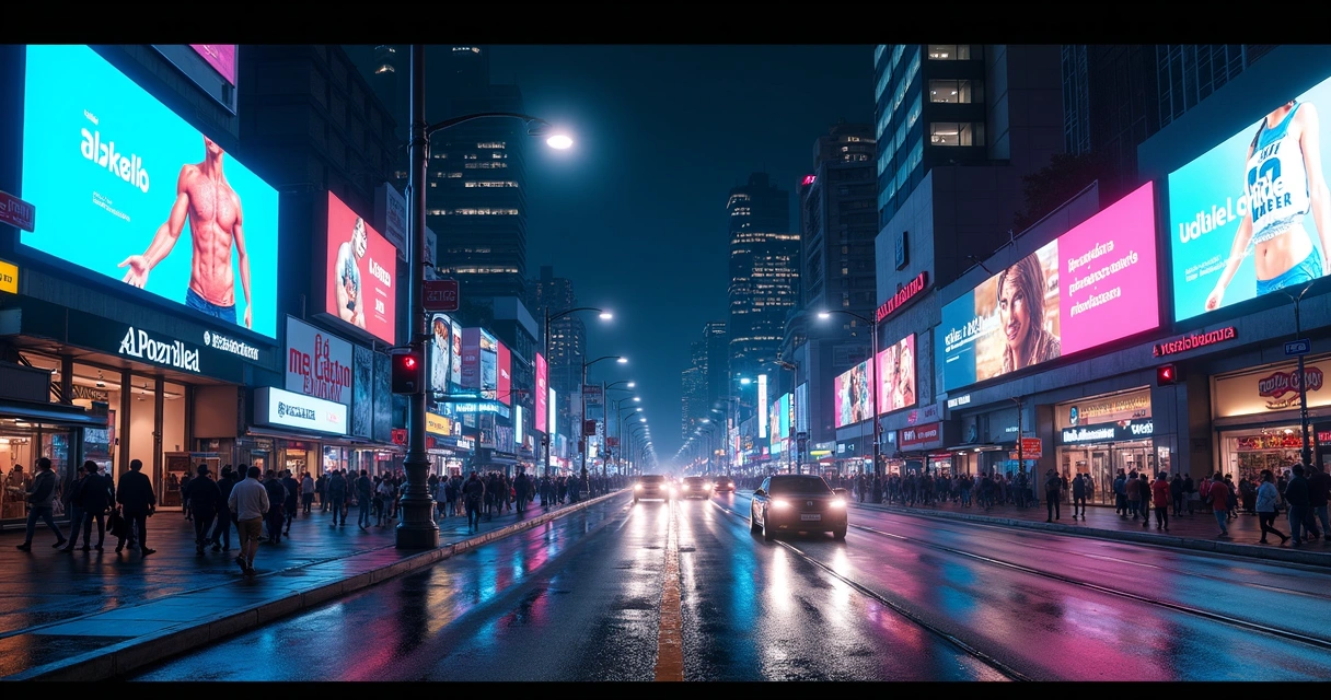 Cartazes digitais e telas DOOH ao longo de avenida paulista à noite 