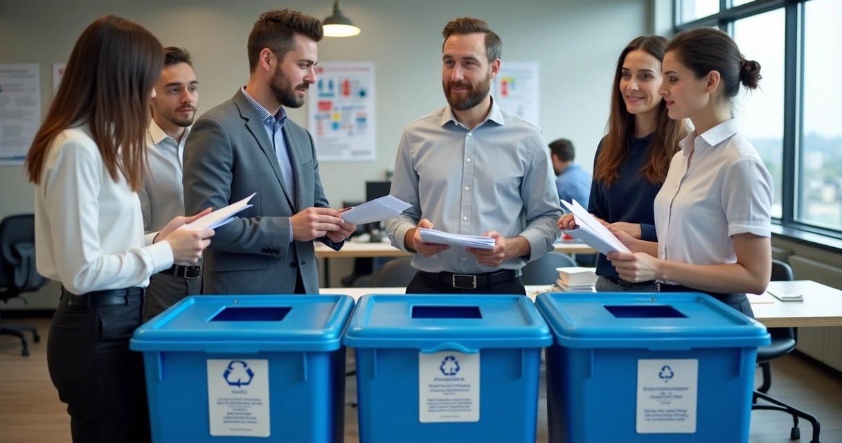 Colaboradores em escritório participam de campanha de educação ambiental sobre separação de papel 
