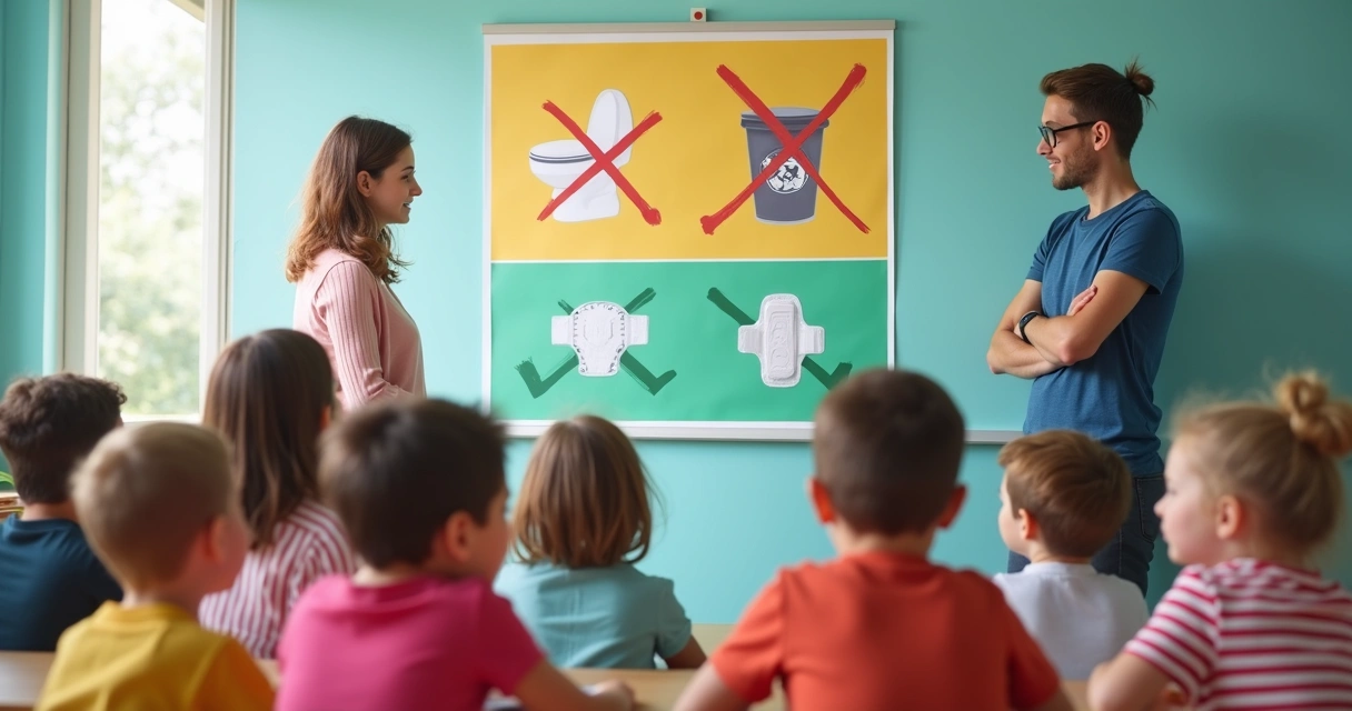 Campanha educativa sobre descarte correto em escola.