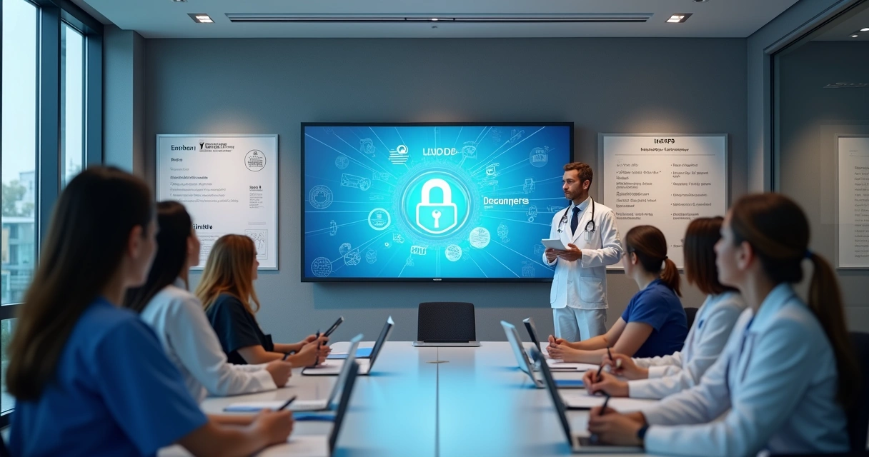 Sala de aula com profissionais assistindo a vídeo sobre privacidade digital 