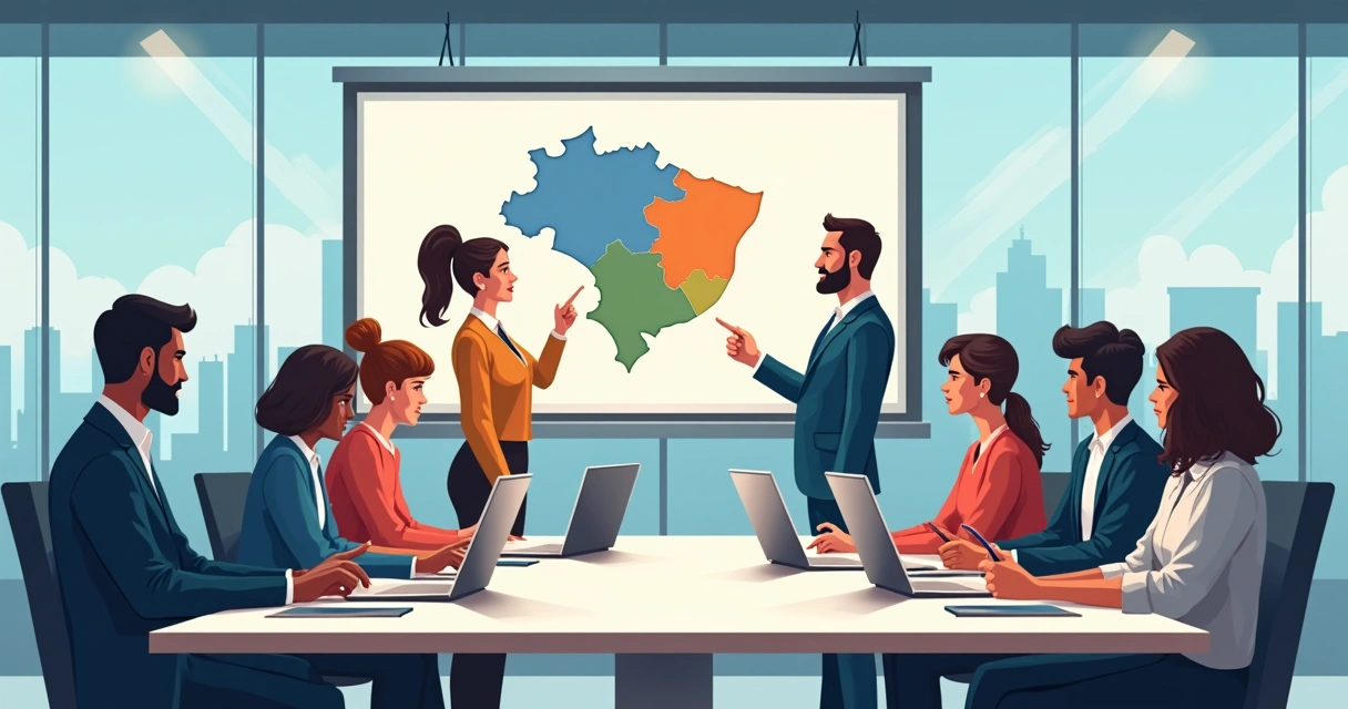 Equipe de marketing em sala de reuniões analisando gráficos e mapas de Brasília 