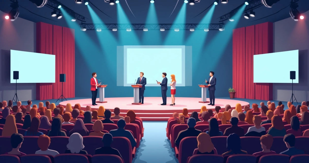 Evento de campanha eleitoral sindical com candidatos e membros do sindicato em auditório 