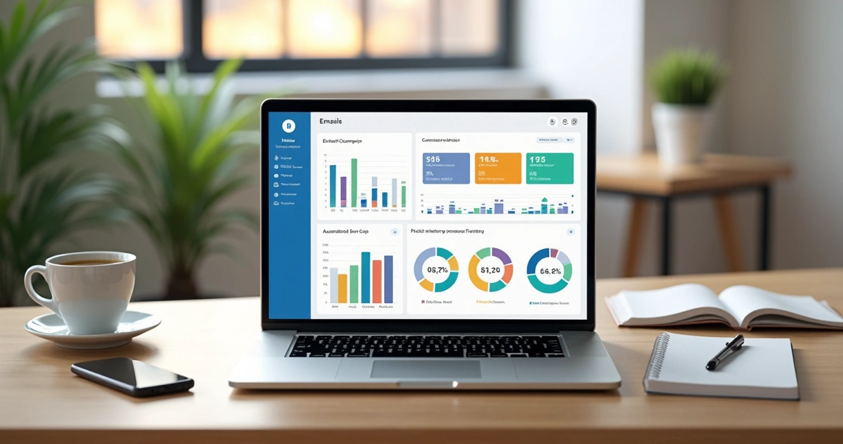 Mesa de trabalho com laptop exibindo painel de e-mail marketing, gráficos de desempenho e campanhas automatizadas na tela 