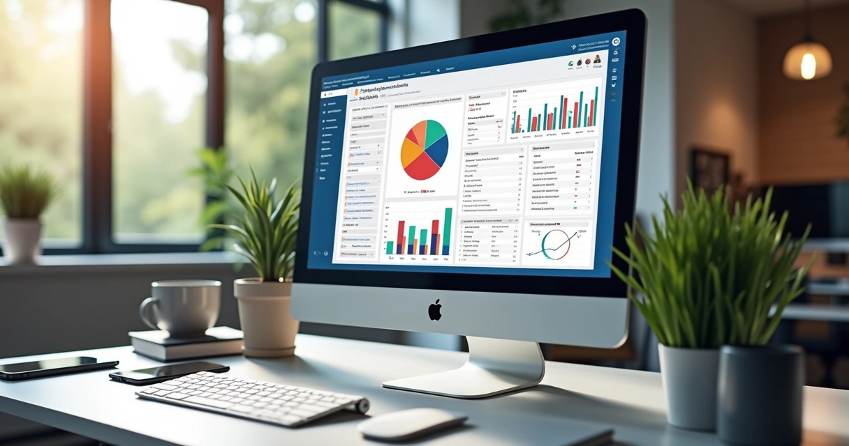 Computador com tela exibindo painel de email marketing com gráficos e automação 