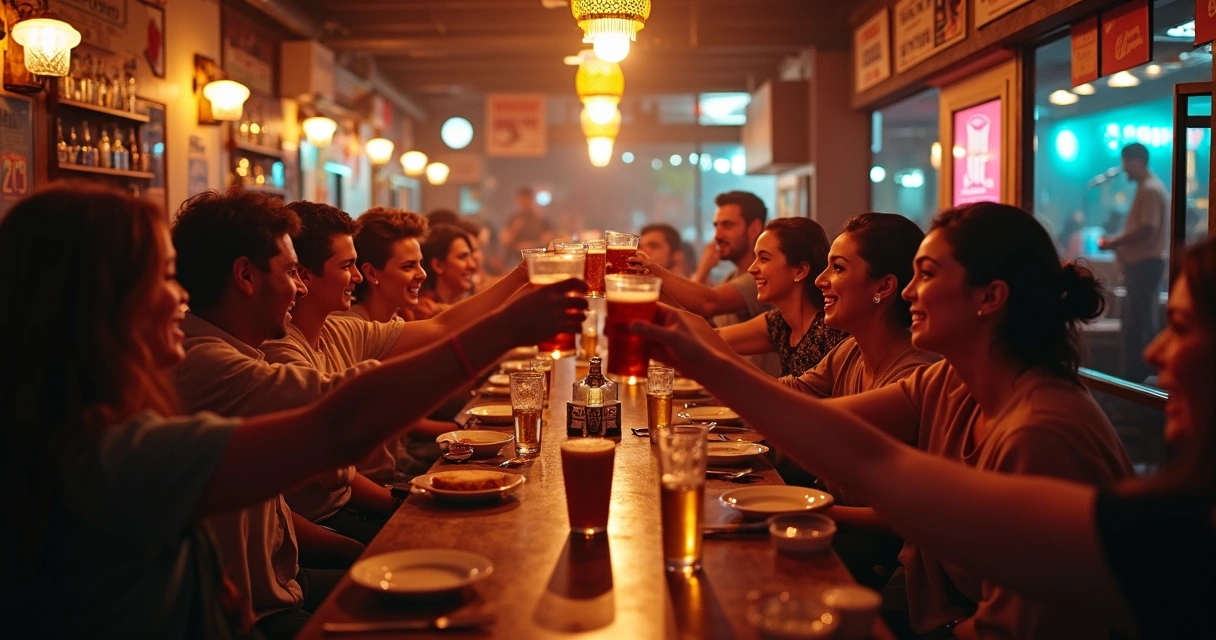 Bar movimentado com pessoas sorrindo durante campanha de engajamento 