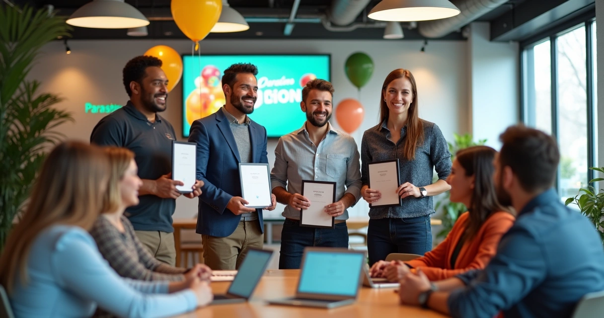 Equipe engajada comemorando campanha de reconhecimento 