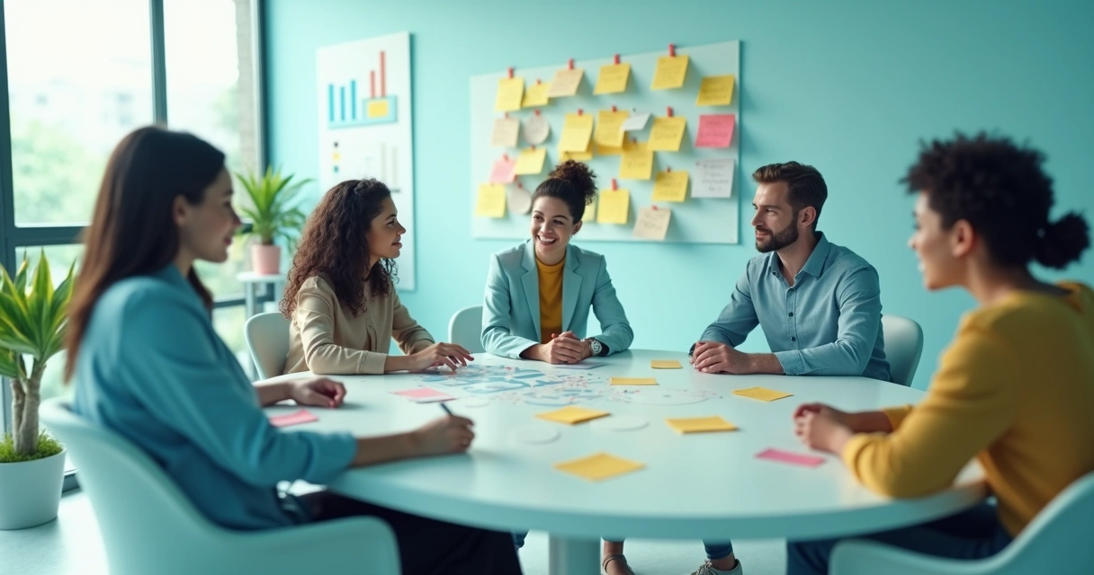 Partner NPS: como medir e agir para engajar parceiros Imagem 3D de uma equipe se reunindo para planejar campanha de engajamento de parceiros