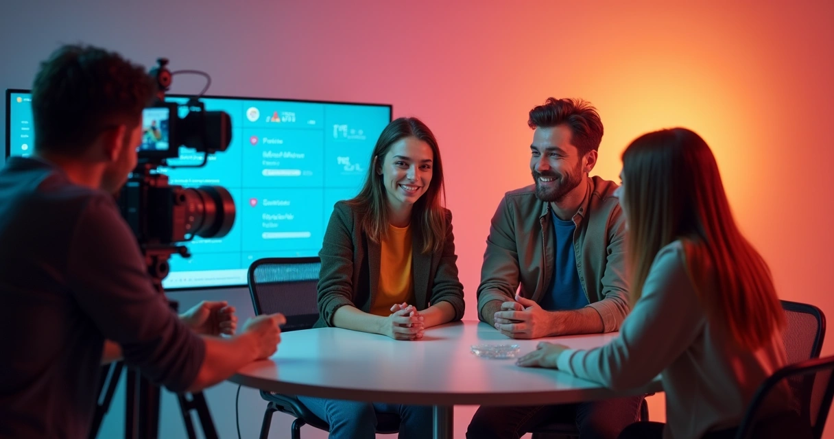Microinfluenciador gravando vídeo com equipe de marca em estúdio colorido 