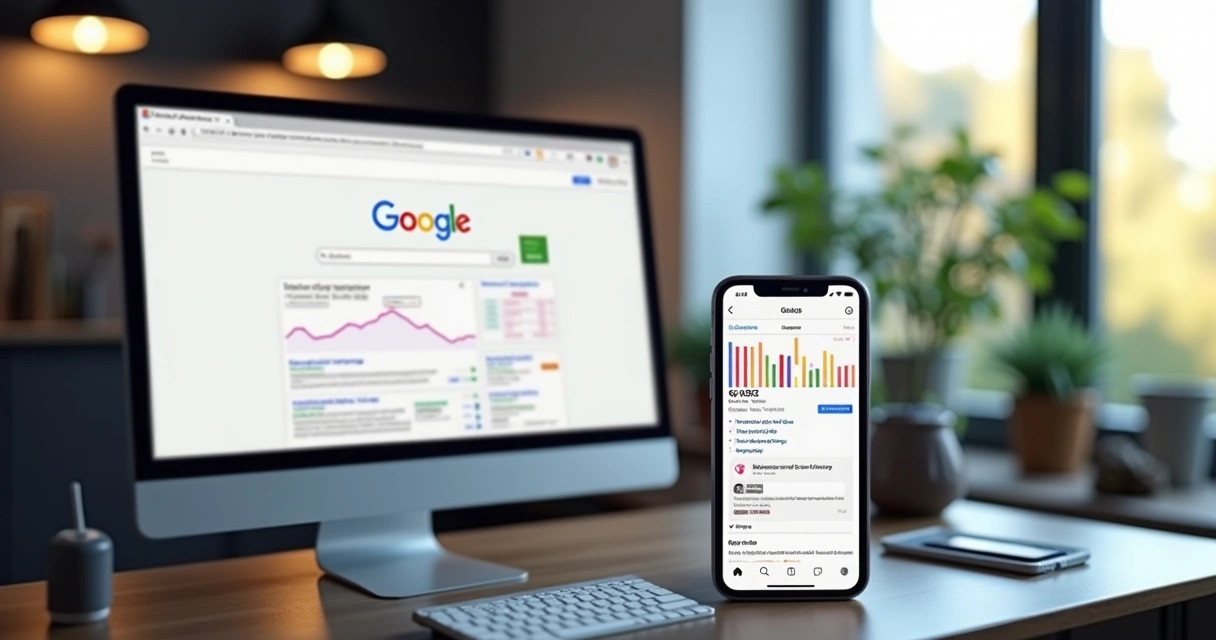 Comparação entre anúncios do Google e Instagram na tela de computador e celular 