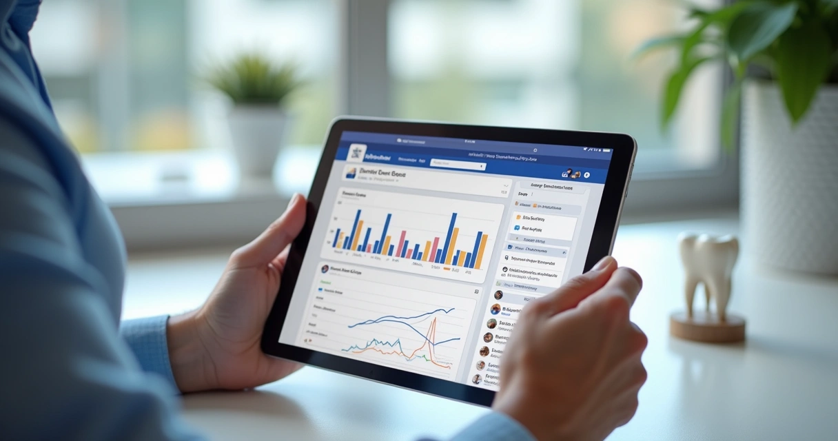 Profissional de marketing configurando campanha de Facebook Ads para clínica odontológica em tablet moderno, com gráficos e segmentação visíveis na tela