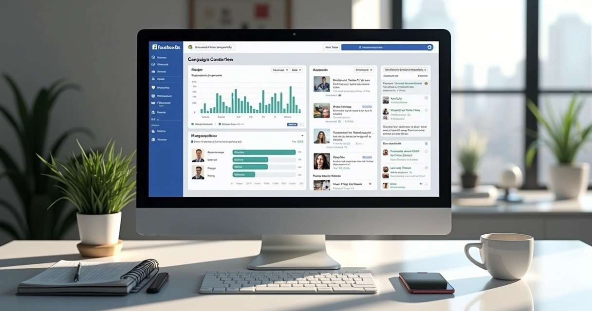 Tela de computador mostrando painel de controle de campanha no Facebook Ads com gráficos e segmentação de público detalhada 