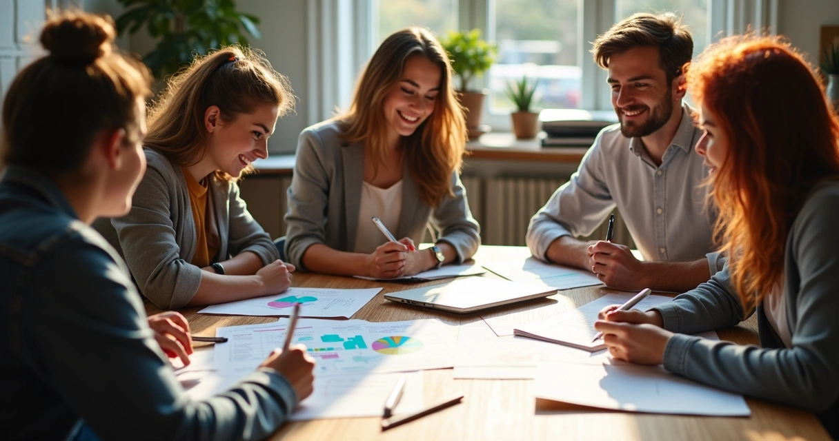 Pessoas reunidas ao redor de mesa com esboços de projeto e computadores 