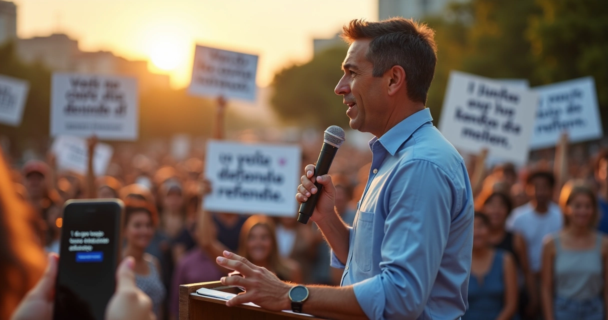 Candidato em comício falando ao microfone com frases de campanha em placas e celular 