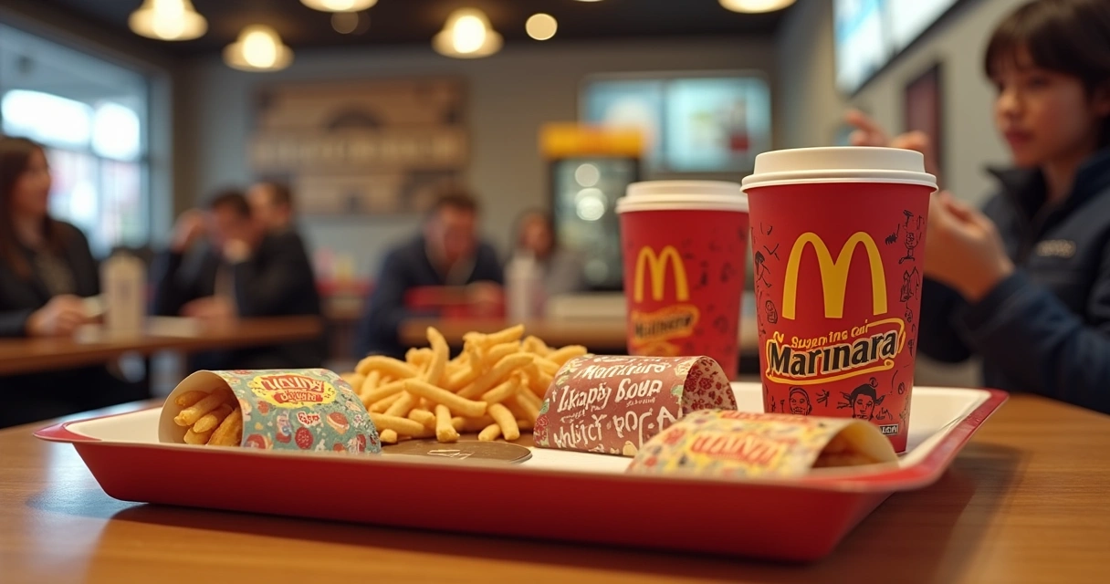 Produtos promocionais temáticos de Friends em uma bandeja do McDonald's 