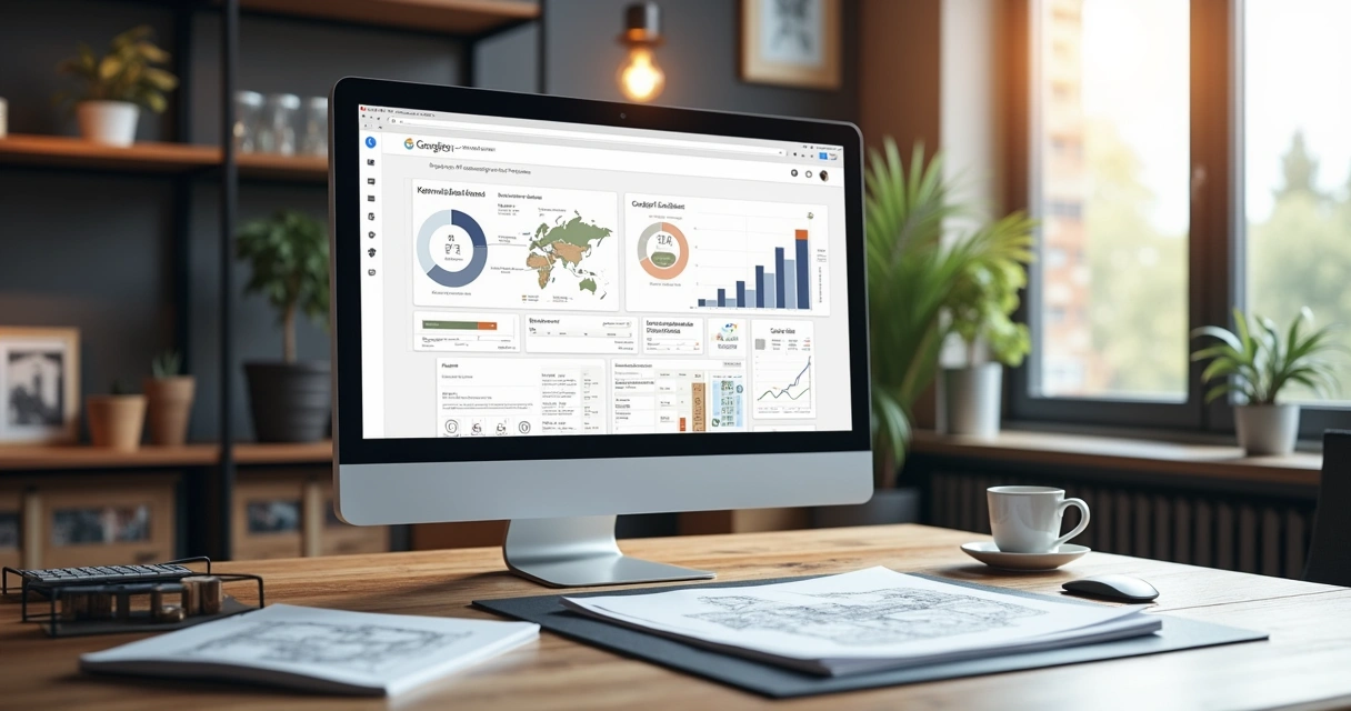 Computador com tela exibindo campanha de Google Ads para escritório de arquitetura, com gráficos de desempenho e anúncios digitais visíveis 