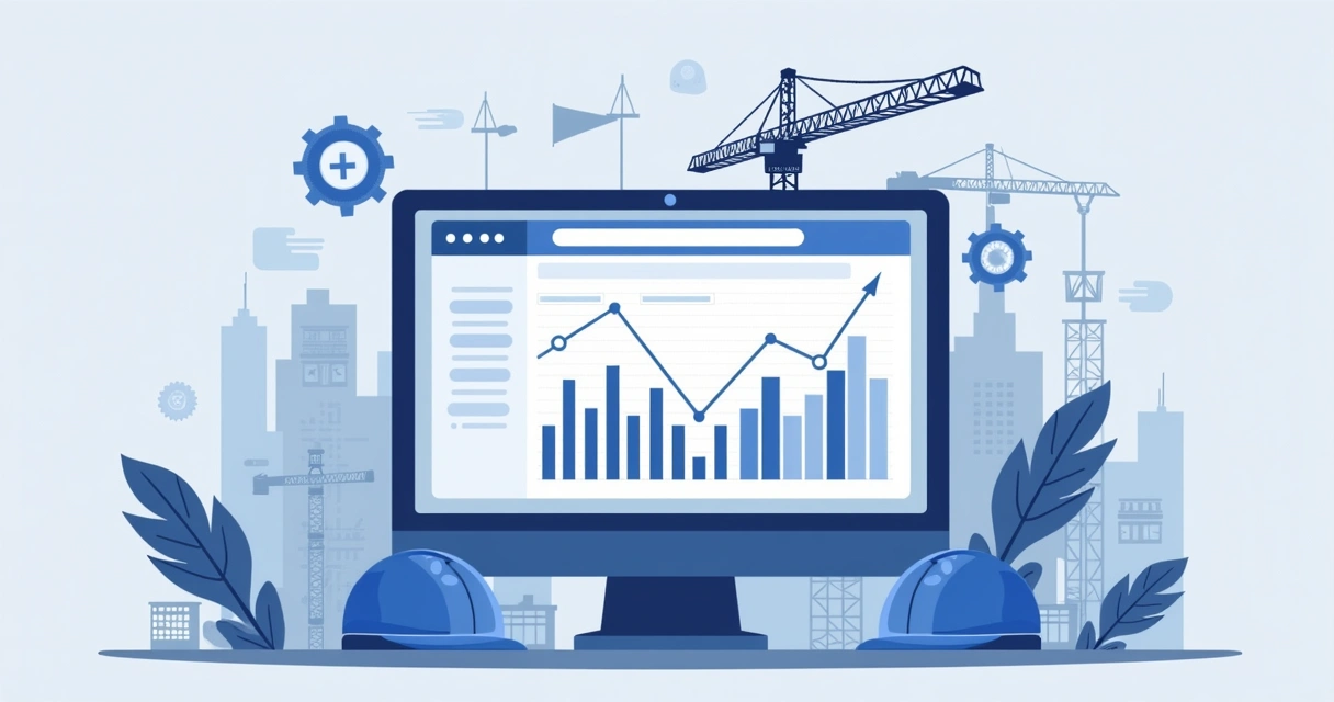Ilustração corporativa plana mostrando anúncios digitais do Google Ads voltados para engenharia, com gráficos de desempenho e elementos de construção ao fundo 