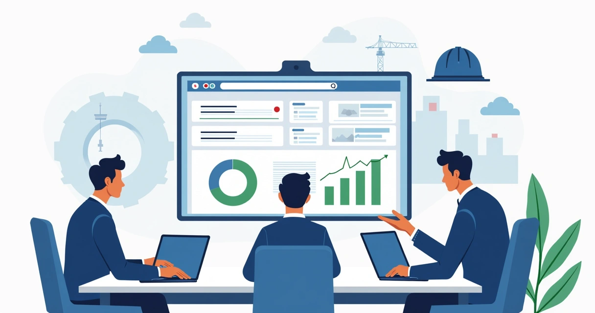 Ilustração corporativa mostrando equipe criando campanha de Google Ads para engenharia, com gráficos e telas digitais 