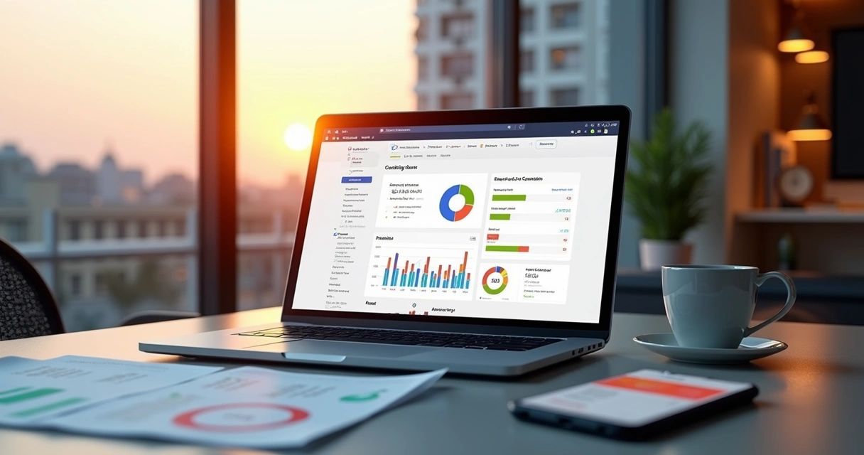 Painel de campanha de Google Ads com hotel ao fundo