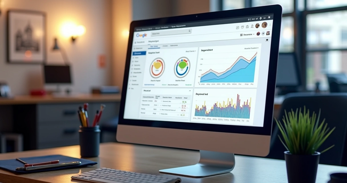 Tela de computador exibindo painel de campanha no Google Ads para oficina mecânica com gráfico de crescimento de leads 