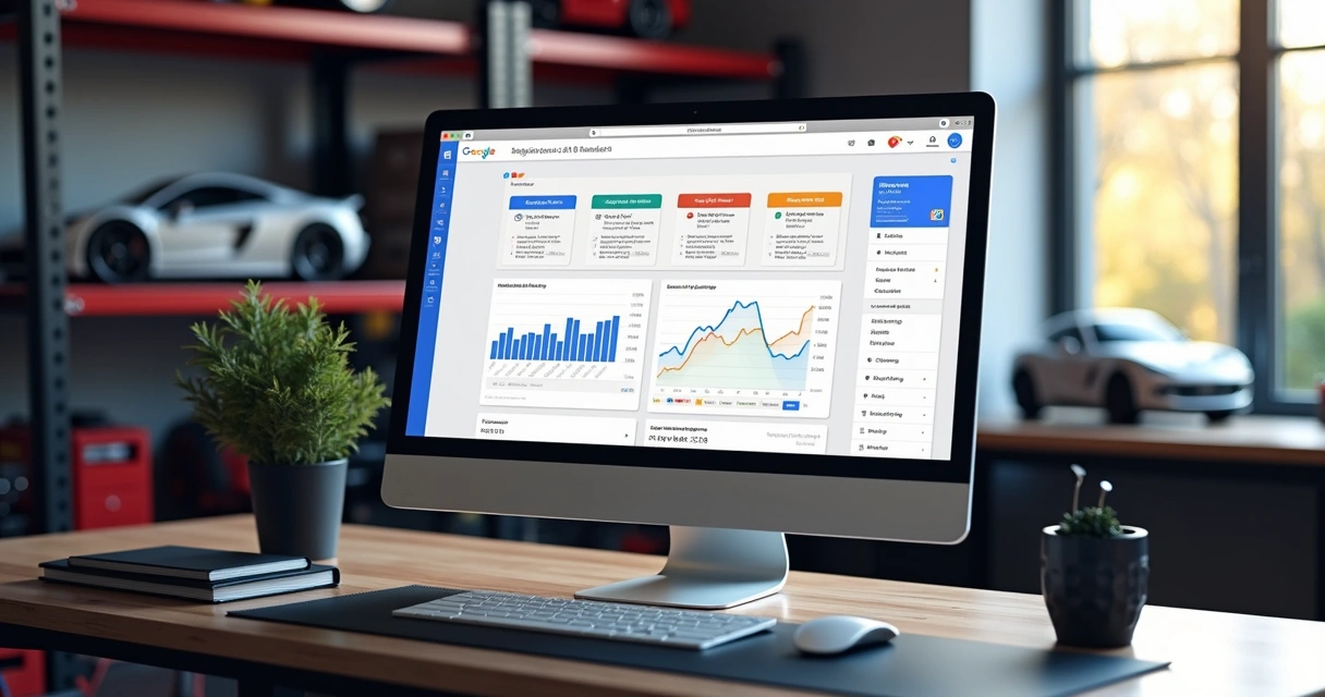 Tela de computador exibindo painel do Google Ads com campanhas para oficina mecânica, em ambiente corporativo moderno com elementos automotivos ao fundo 