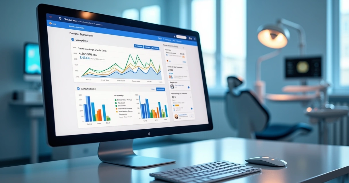 Computador exibindo campanha de Google Ads para clínica odontológica com gráficos de desempenho e anúncios de tratamentos dentários