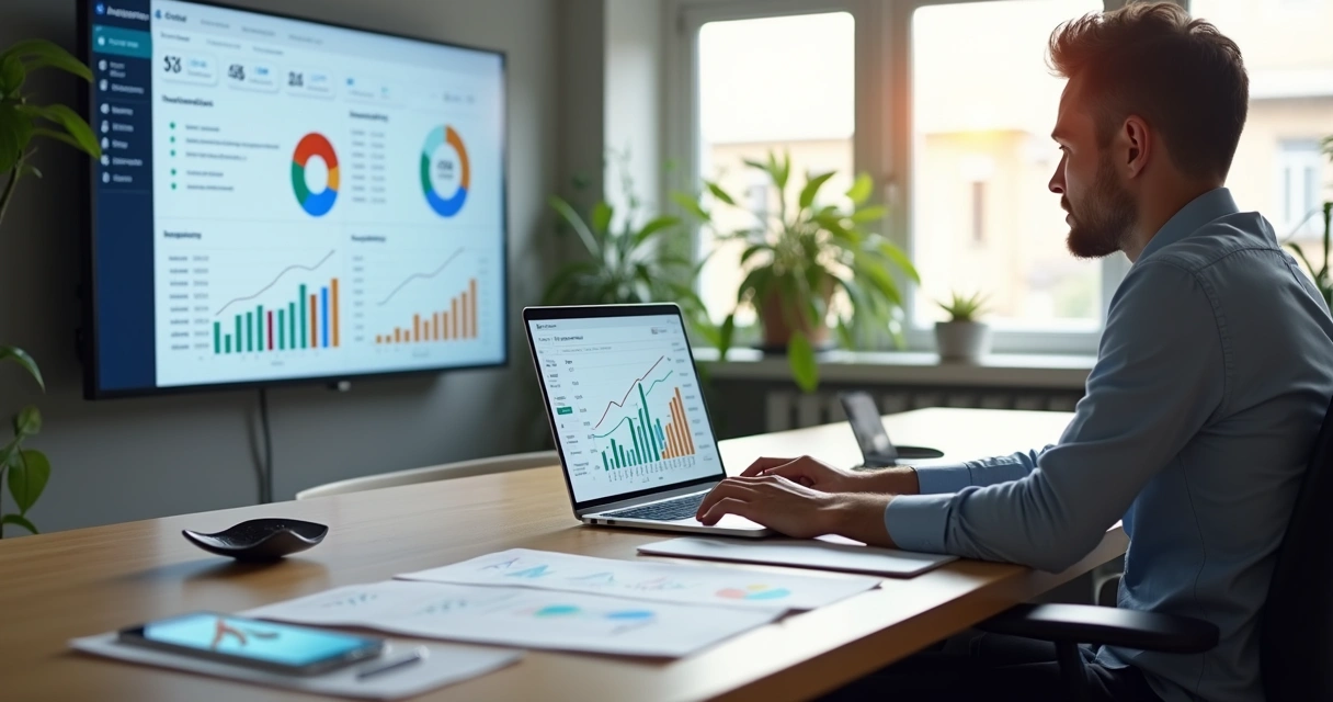 Gestor de marketing analisando painel de campanhas Google Ads em notebook com gráficos de desempenho 