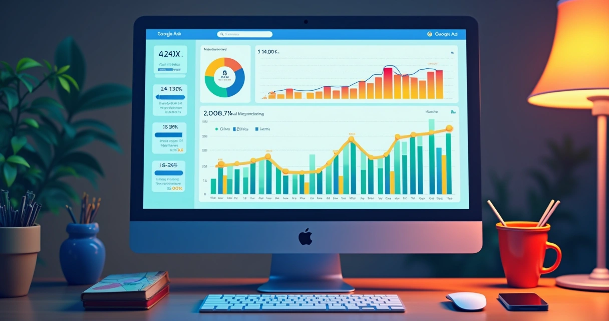 Dashboard colorido mostrando campanha Google Ads bem-sucedida 