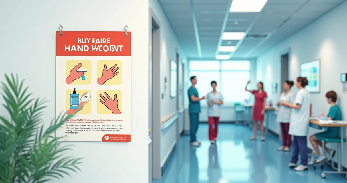Impacto da higiene das mãos no controle de patógenos como C. difficile e norovírus 4 Cartaz de campanha de higiene das mãos em hospital, mensagem clara, ilustrações didáticas, parede branca