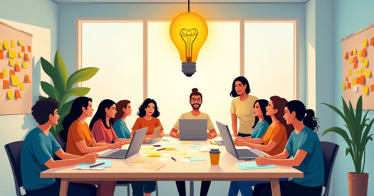 Colaboração de pessoas em uma mesa na criação de ideias, com post-its e laptops em ambiente iluminado.