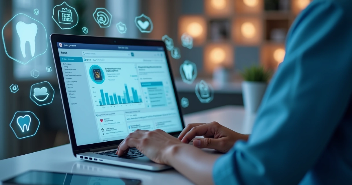 Profissional configurando campanha de Instagram Ads em laptop com gráficos de odontologia e ícones de redes sociais ao fundo 