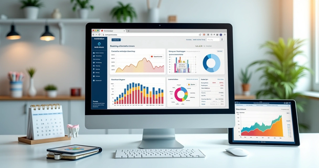 Computador com tela mostrando campanha de Instagram Ads para clínica odontológica e gráfico de resultados ao lado 