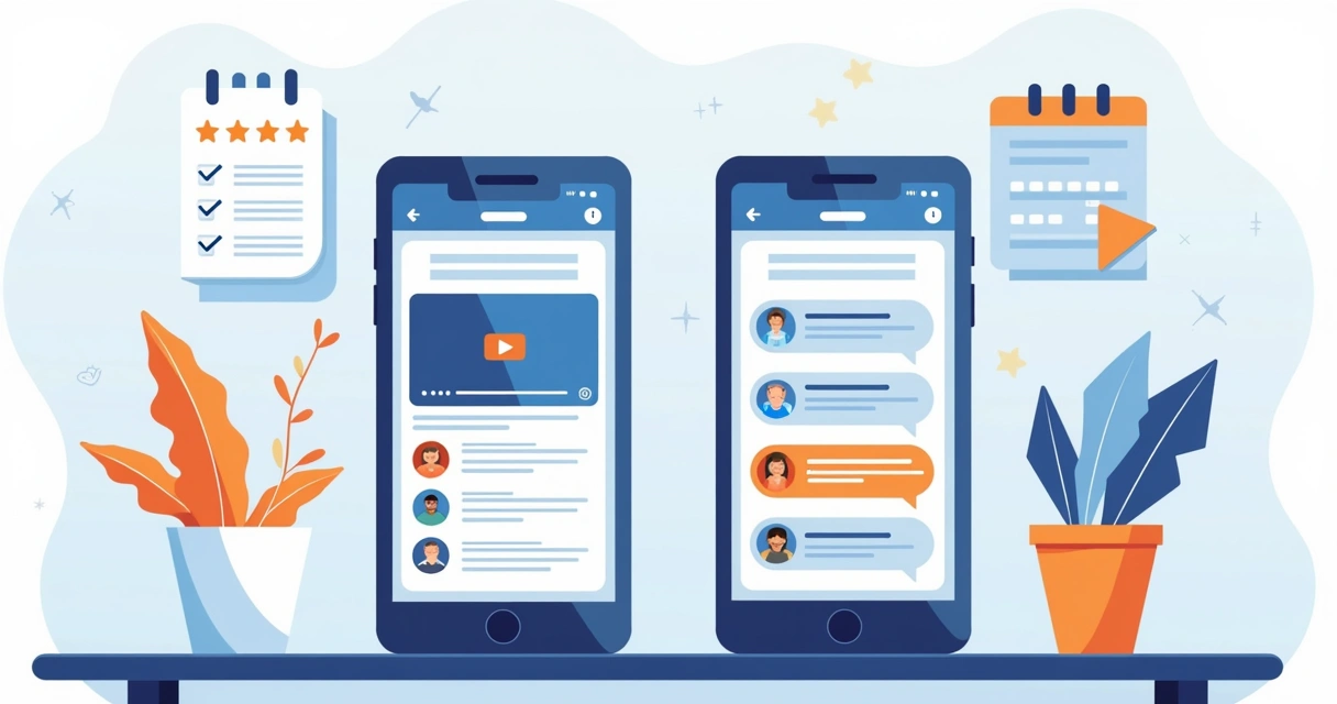 Dois celulares lado a lado, um exibindo curso online, outro mensagens motivacionais com emojis. 