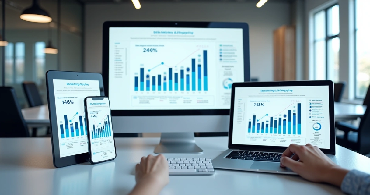 Quatro telas mostrando integração de canais no marketing B2B. 