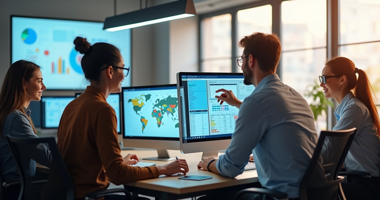 Equipe de marketing colaborando em frente a computadores mostrando gráficos interativos