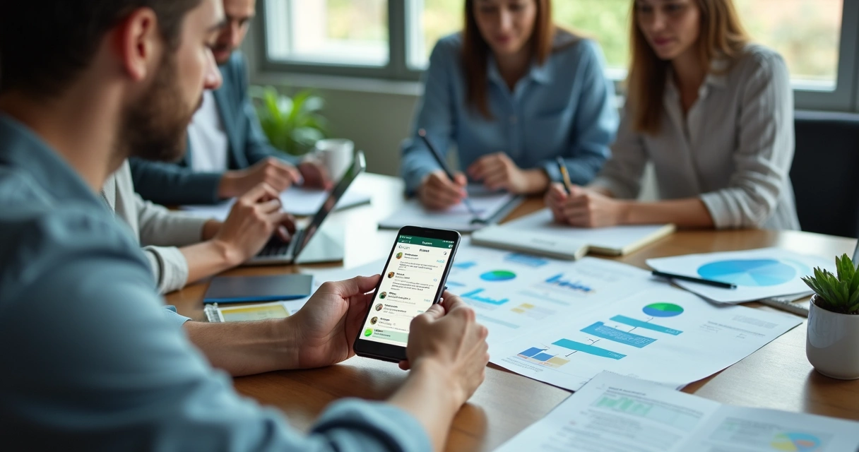 Mesa com smartphone exibindo interface do WhatsApp e equipe planejando campanha de disparo de mensagens para lançamento digital 