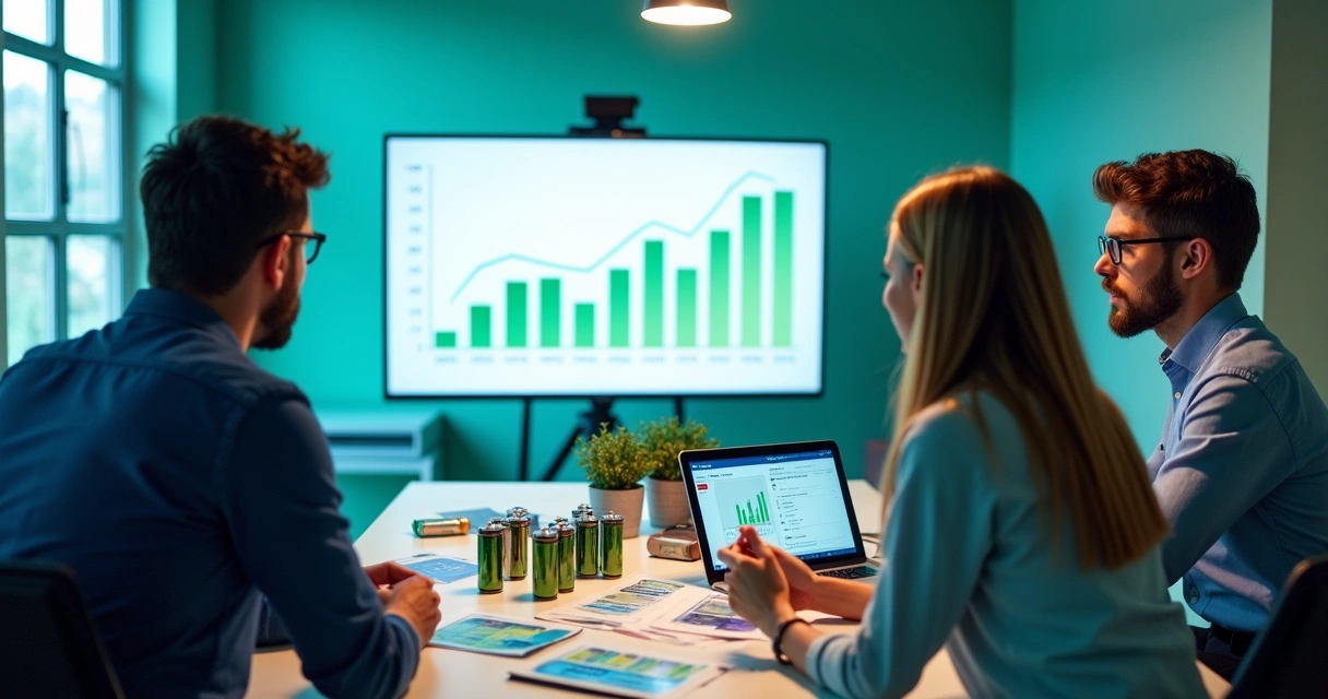 Equipe de marketing analisando campanha digital com gráficos e imagens de baterias 