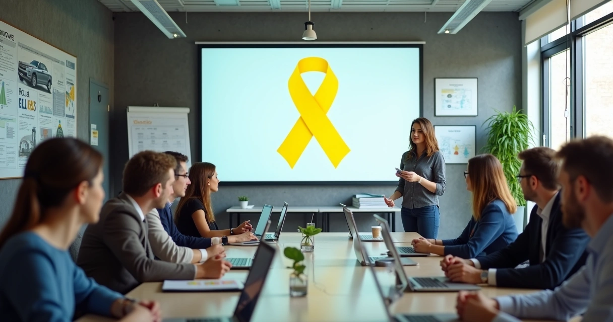 Cartaz digital de campanha Maio Amarelo em empresa com colaboradores reunidos 