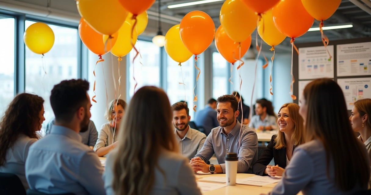 Sala de empresa decorada com elementos em amarelo e laranja para campanha de bem-estar 