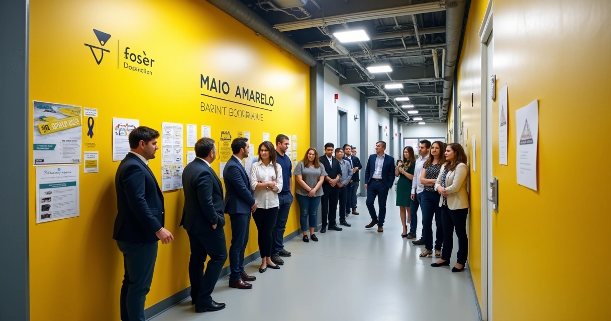 Funcionários reunidos diante de mural temático do Maio Amarelo na empresa 